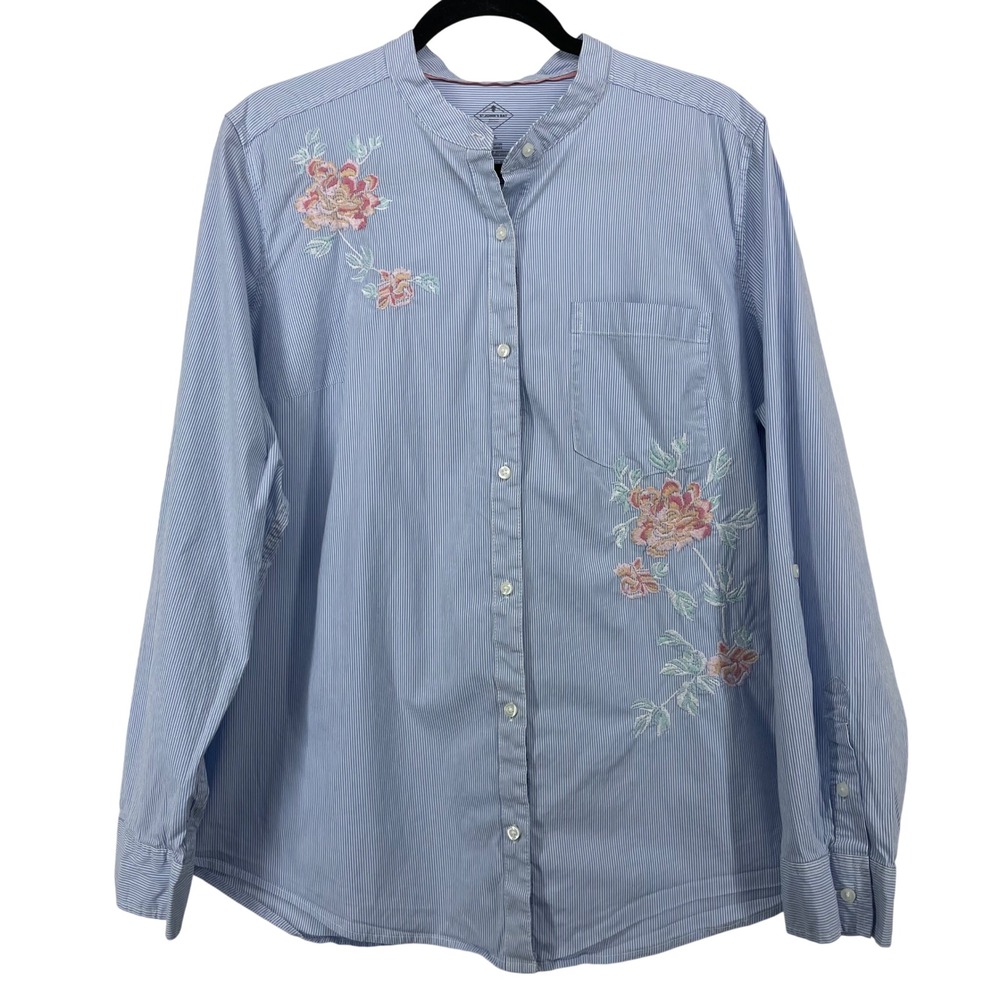 St Johns Bay Size L Button Down Blue Pinstripe Floral Embroidered Shirt Womens